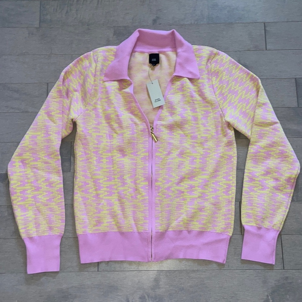 River Island Abstract Polo Sweater Zip Up Lime Pink Size 14 NWT